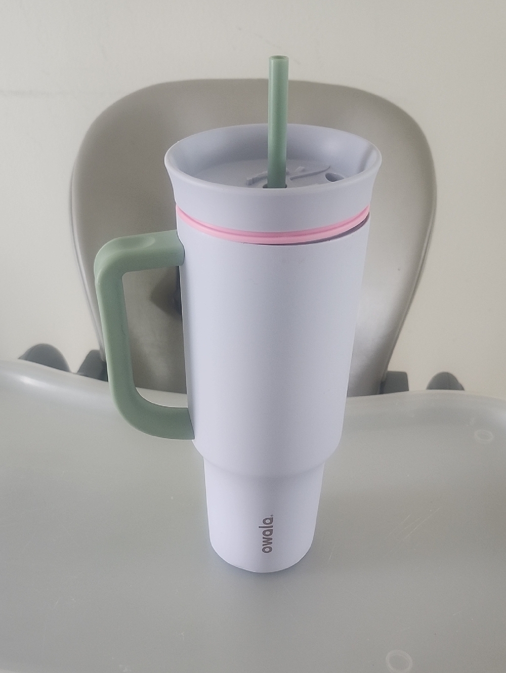 Owala White Travel Tumbler with Sage Handle and Pink Accent